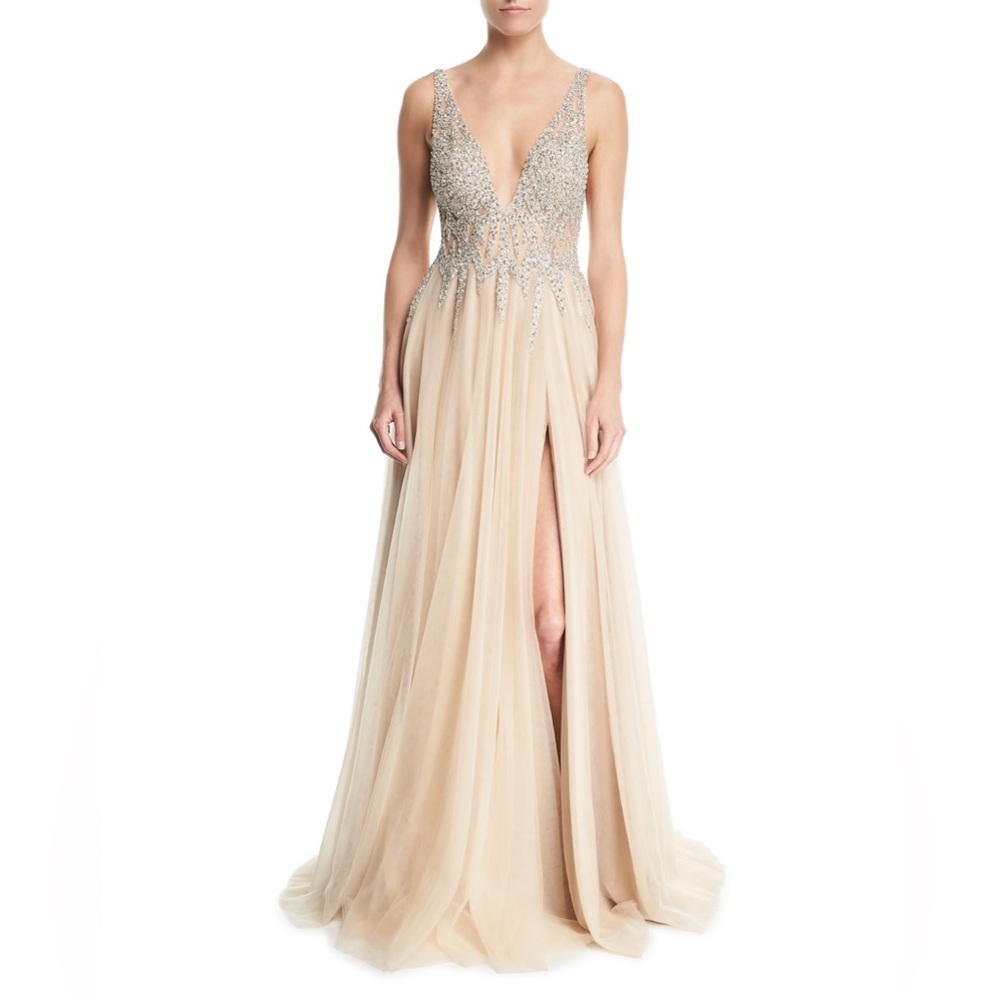 Jovani Neiman Marcus Beaded Bodice Tulle Skirt Gown in Nude